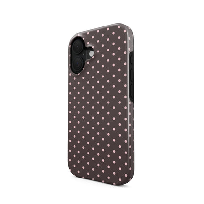 Strawberry Drops MagSafe Tough Case featuring small strawberry-pink polka dots on a rich cocoa-brown background.