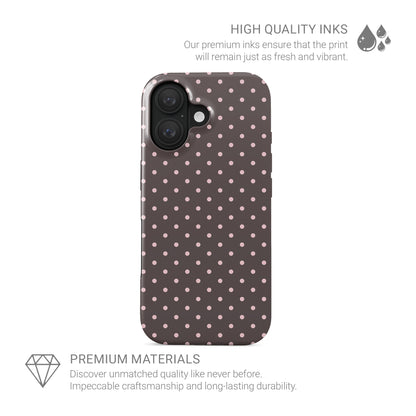 Strawberry Drops MagSafe Tough Case featuring small strawberry-pink polka dots on a rich cocoa-brown background.