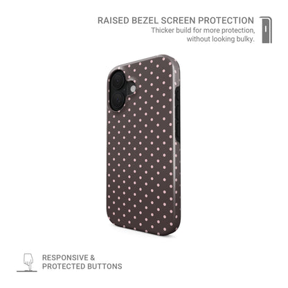 Strawberry Drops MagSafe Tough Case featuring small strawberry-pink polka dots on a rich cocoa-brown background.