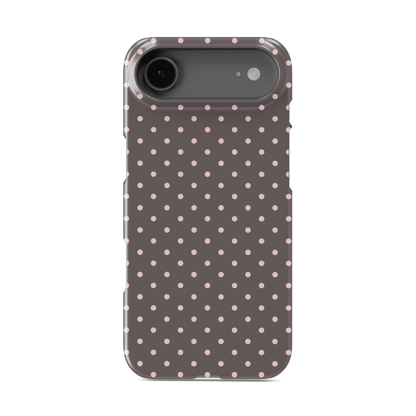 Strawberry Drops Snap Phone Case featuring small strawberry-pink polka dots on a rich cocoa-brown background.