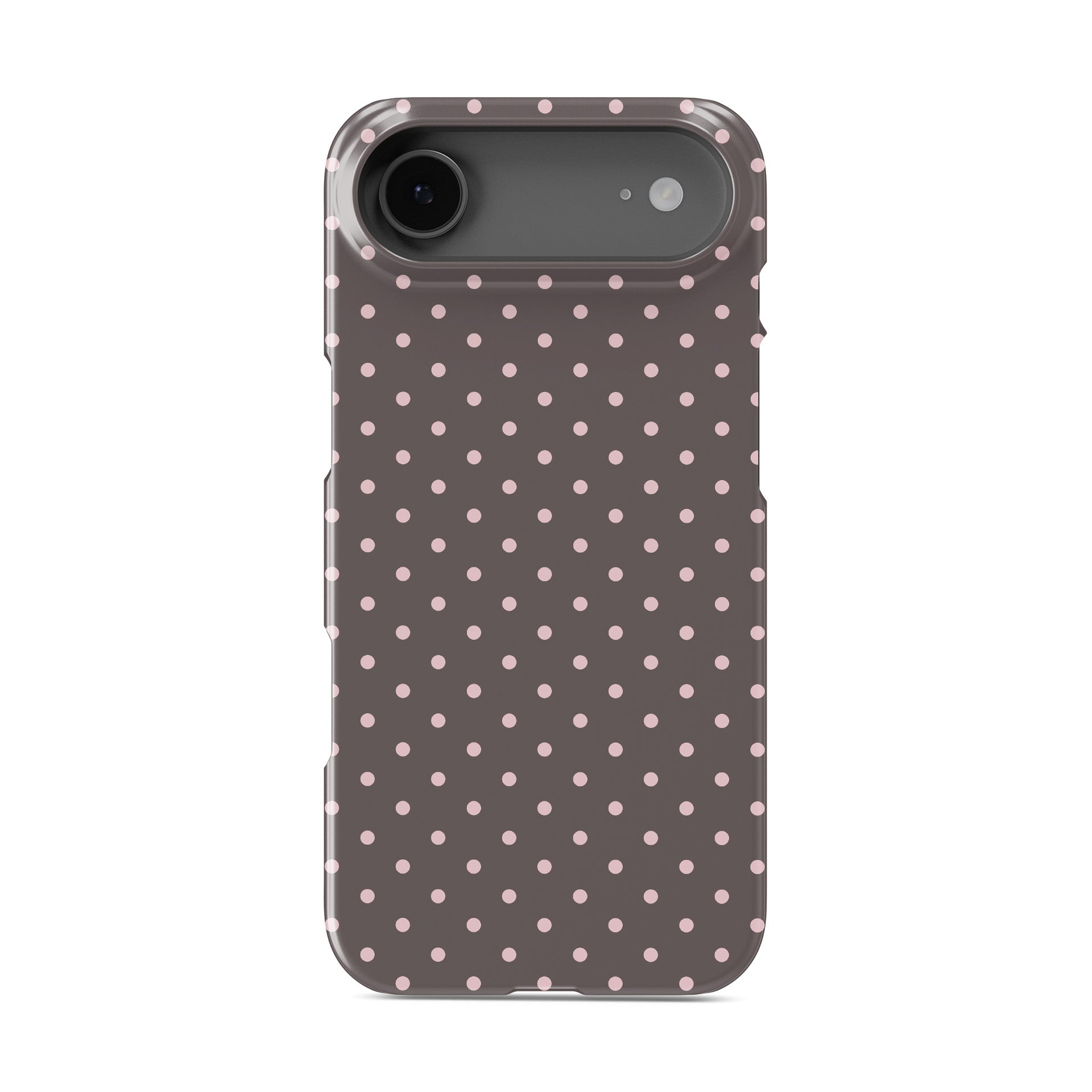 Strawberry Drops Snap Phone Case featuring small strawberry-pink polka dots on a rich cocoa-brown background.