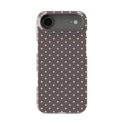 Strawberry Drops Snap Phone Case featuring small strawberry-pink polka dots on a rich cocoa-brown background.