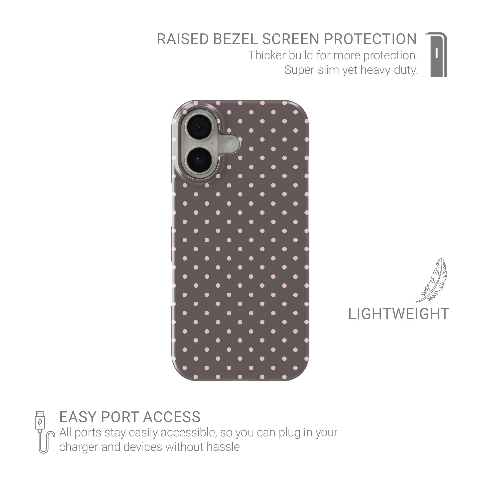Strawberry Drops Snap Phone Case featuring small strawberry-pink polka dots on a rich cocoa-brown background.