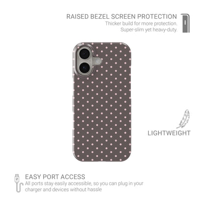 Strawberry Drops Snap Phone Case featuring small strawberry-pink polka dots on a rich cocoa-brown background.