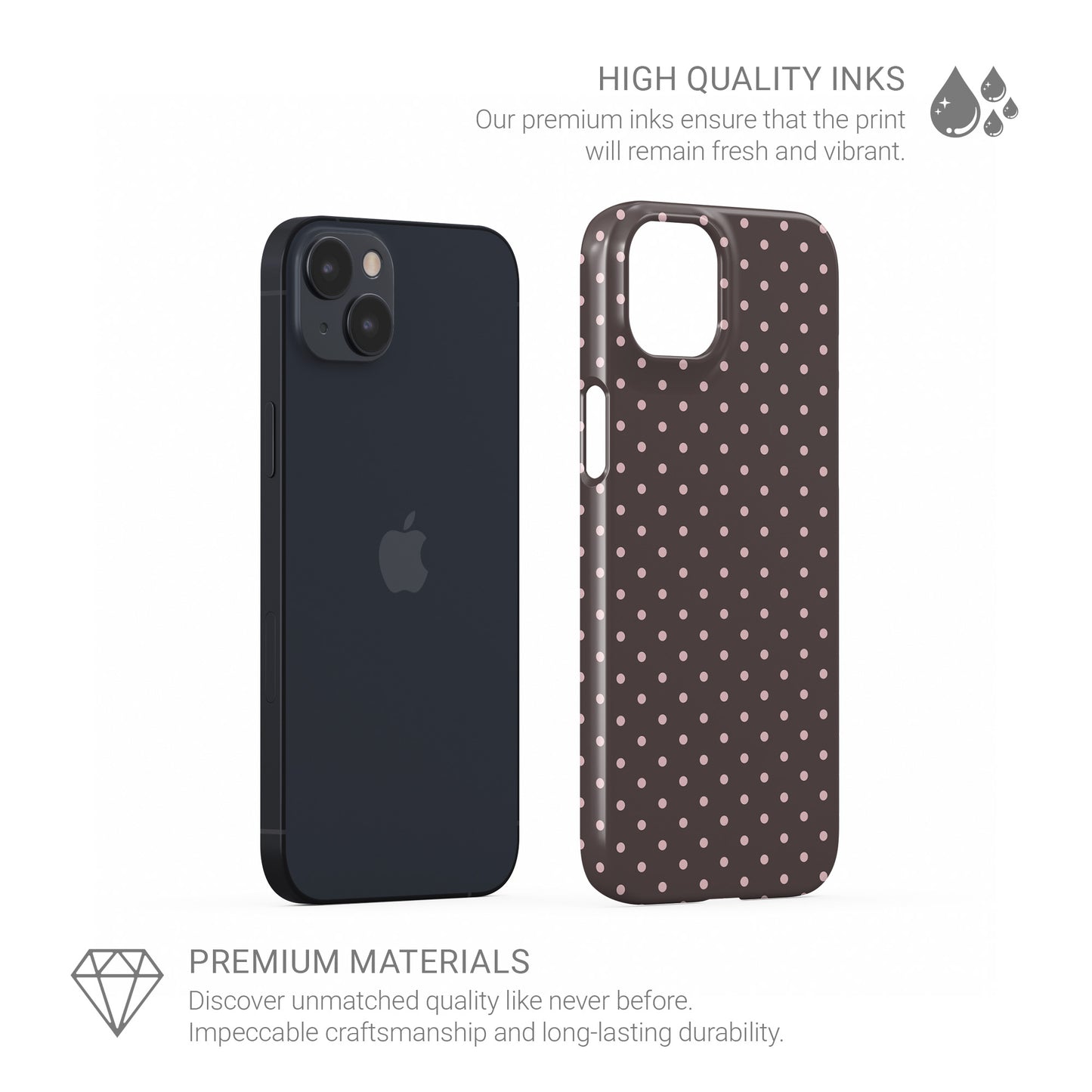 Strawberry Drops Snap Phone Case featuring small strawberry-pink polka dots on a rich cocoa-brown background.