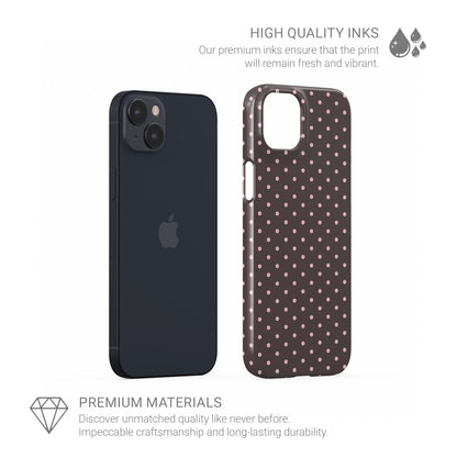 Strawberry Drops Snap Phone Case featuring small strawberry-pink polka dots on a rich cocoa-brown background.