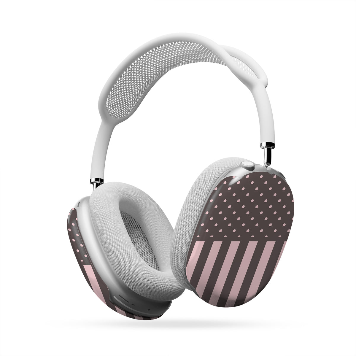 Strawberry Wafer AirPods Max Covers featuring fine strawberry-pink polka dots above bold vertical strawberry-pink stripes on a cocoa-brown background.
