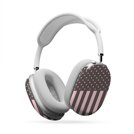 Strawberry Wafer AirPods Max Covers featuring fine strawberry-pink polka dots above bold vertical strawberry-pink stripes on a cocoa-brown background.