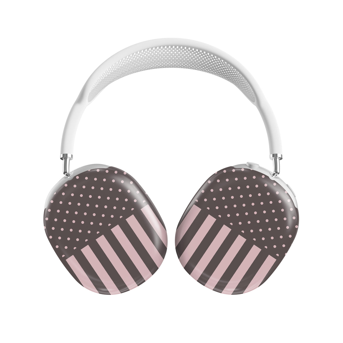 Strawberry Wafer AirPods Max Covers featuring fine strawberry-pink polka dots above bold vertical strawberry-pink stripes on a cocoa-brown background.