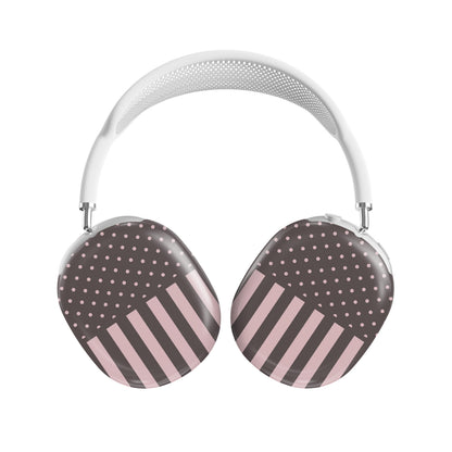 Strawberry Wafer AirPods Max Covers featuring fine strawberry-pink polka dots above bold vertical strawberry-pink stripes on a cocoa-brown background.