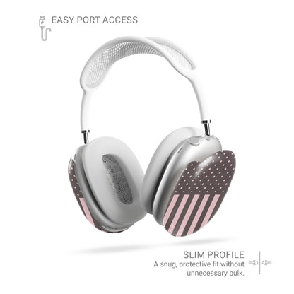 Strawberry Wafer AirPods Max Covers featuring fine strawberry-pink polka dots above bold vertical strawberry-pink stripes on a cocoa-brown background.