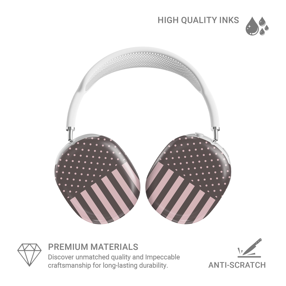 Strawberry Wafer AirPods Max Covers featuring fine strawberry-pink polka dots above bold vertical strawberry-pink stripes on a cocoa-brown background.