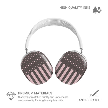Strawberry Wafer AirPods Max Covers featuring fine strawberry-pink polka dots above bold vertical strawberry-pink stripes on a cocoa-brown background.