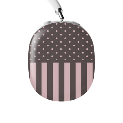 Strawberry Wafer AirPods Max Covers featuring fine strawberry-pink polka dots above bold vertical strawberry-pink stripes on a cocoa-brown background.