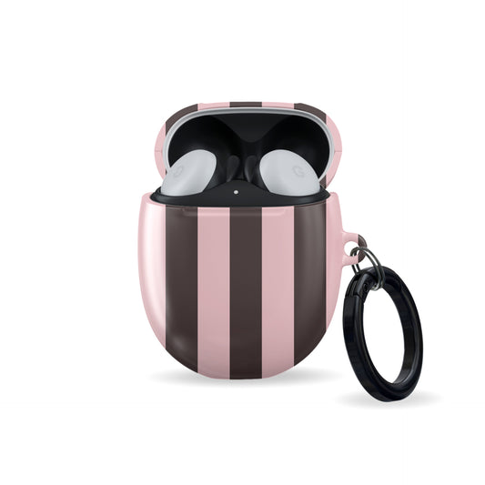 Strawberry Wafer Pixel Buds Case featuring fine strawberry-pink polka dots above bold vertical strawberry-pink stripes on a cocoa-brown background.