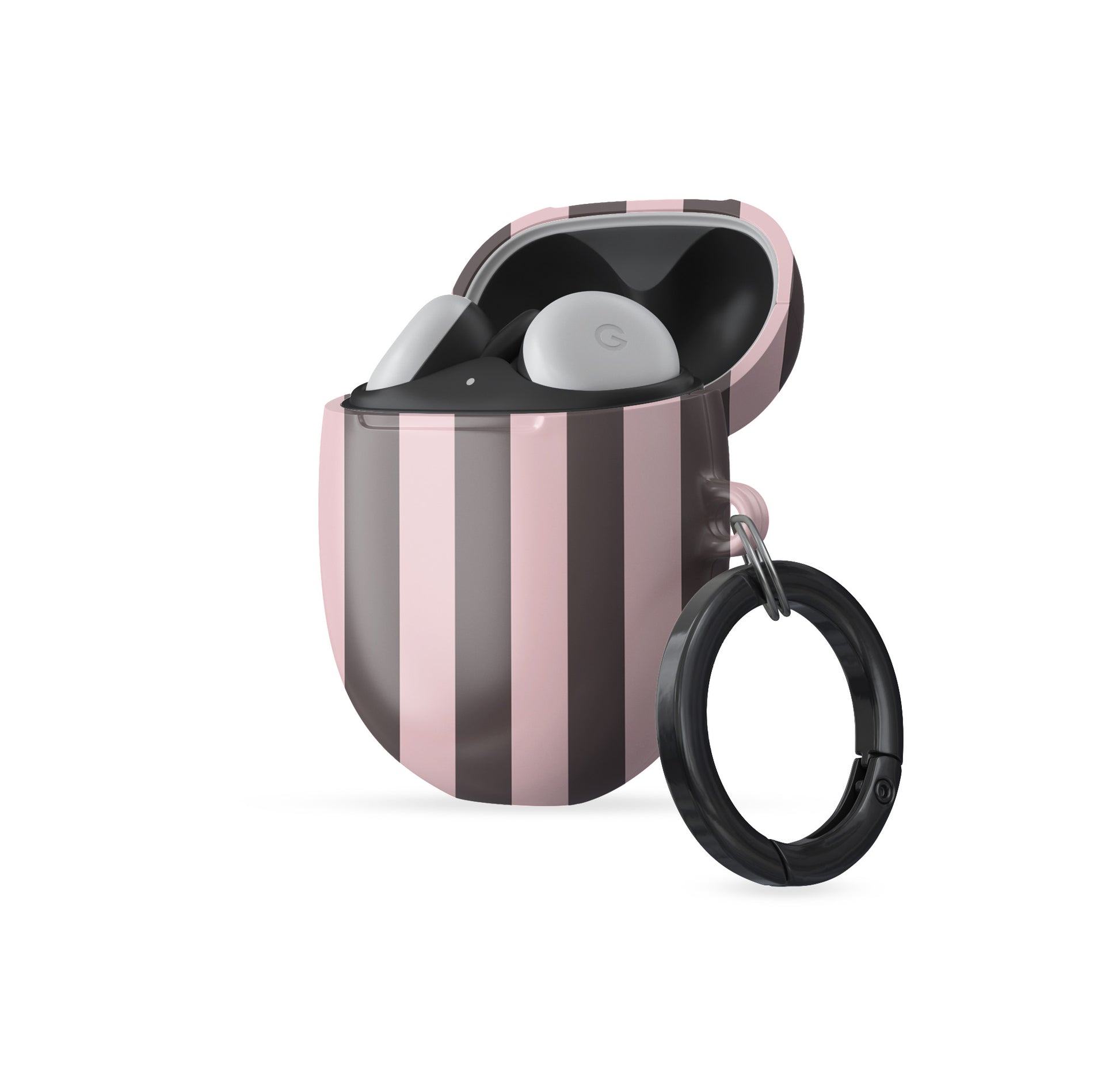 Strawberry Wafer Pixel Buds Case featuring fine strawberry-pink polka dots above bold vertical strawberry-pink stripes on a cocoa-brown background.