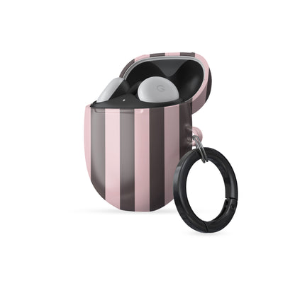 Strawberry Wafer Pixel Buds Case featuring fine strawberry-pink polka dots above bold vertical strawberry-pink stripes on a cocoa-brown background.