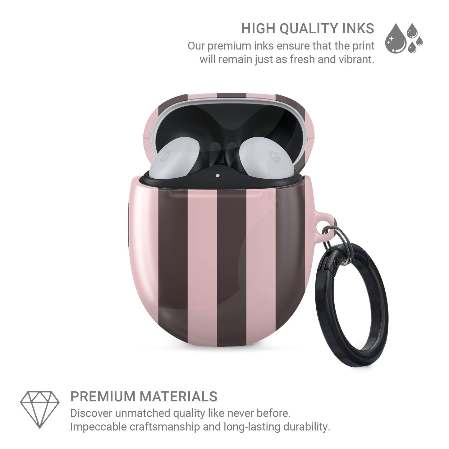 Strawberry Wafer Pixel Buds Case featuring fine strawberry-pink polka dots above bold vertical strawberry-pink stripes on a cocoa-brown background.