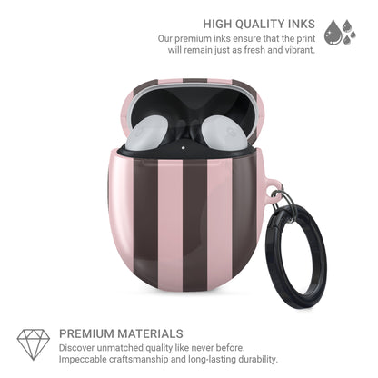Strawberry Wafer Pixel Buds Case featuring fine strawberry-pink polka dots above bold vertical strawberry-pink stripes on a cocoa-brown background.