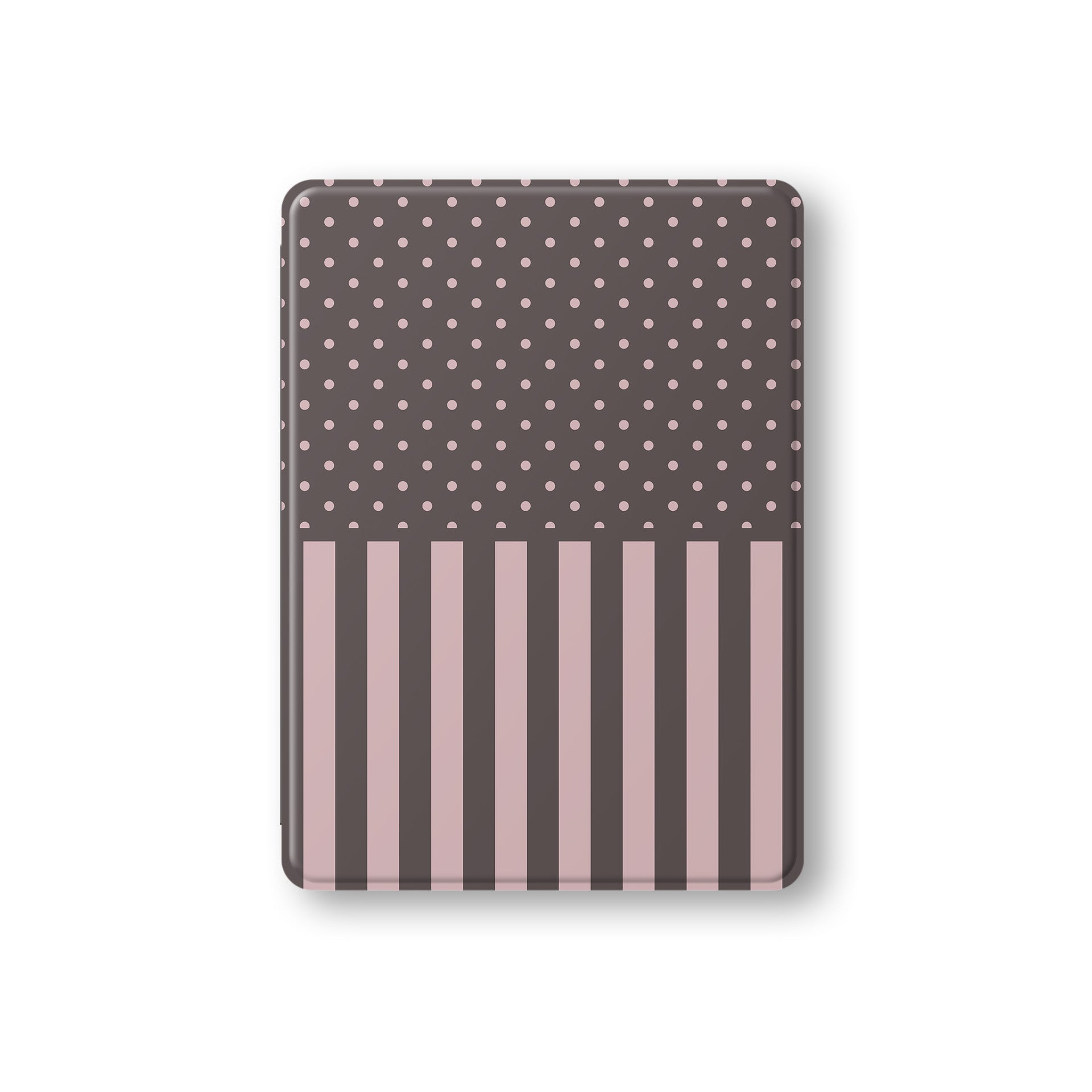 Strawberry Wafer iPad Folio Case featuring fine strawberry-pink polka dots above bold vertical strawberry-pink stripes on a cocoa-brown background.