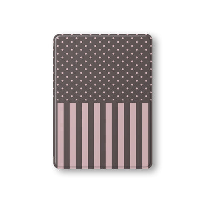 Strawberry Wafer iPad Folio Case featuring fine strawberry-pink polka dots above bold vertical strawberry-pink stripes on a cocoa-brown background.