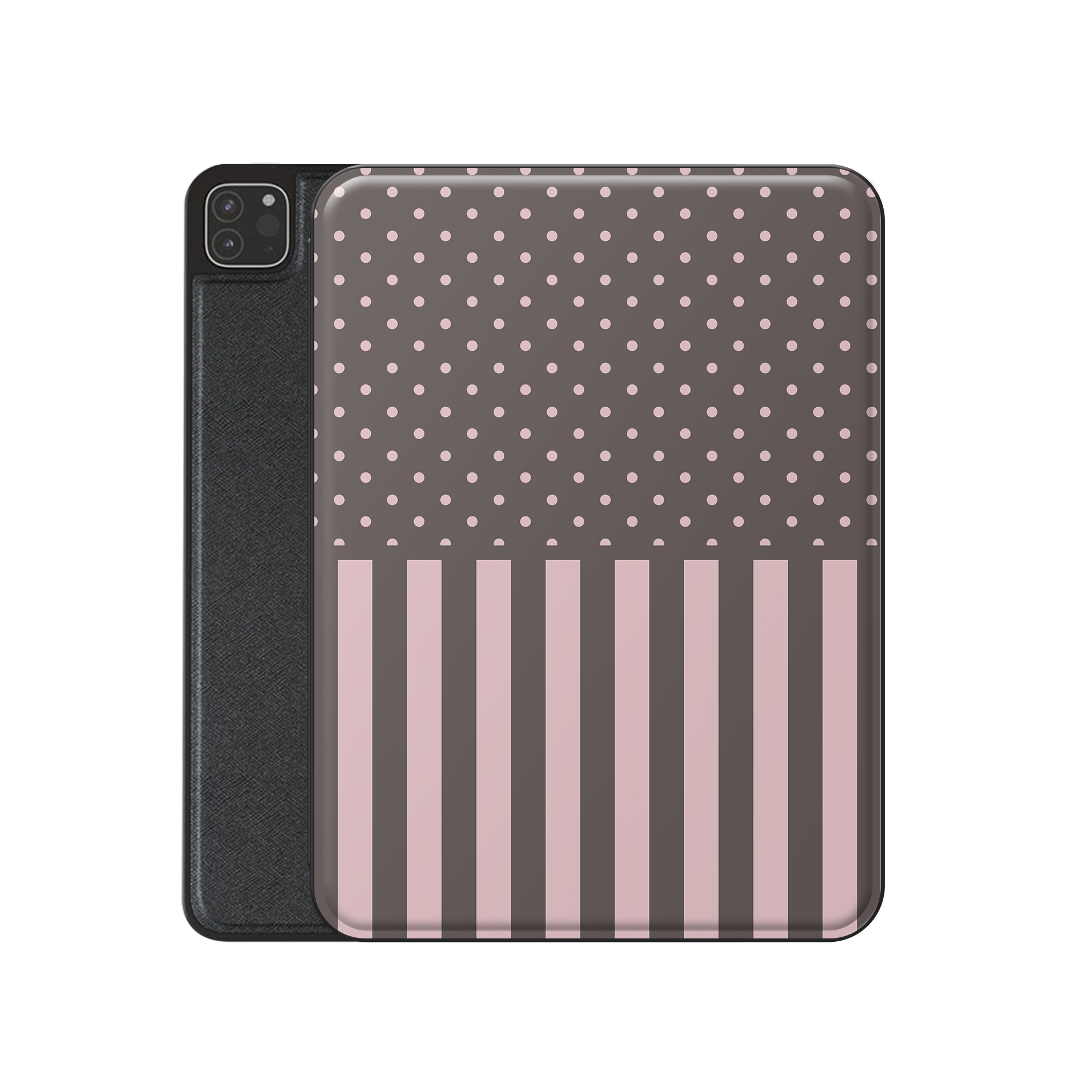 Strawberry Wafer iPad Folio Case featuring fine strawberry-pink polka dots above bold vertical strawberry-pink stripes on a cocoa-brown background.