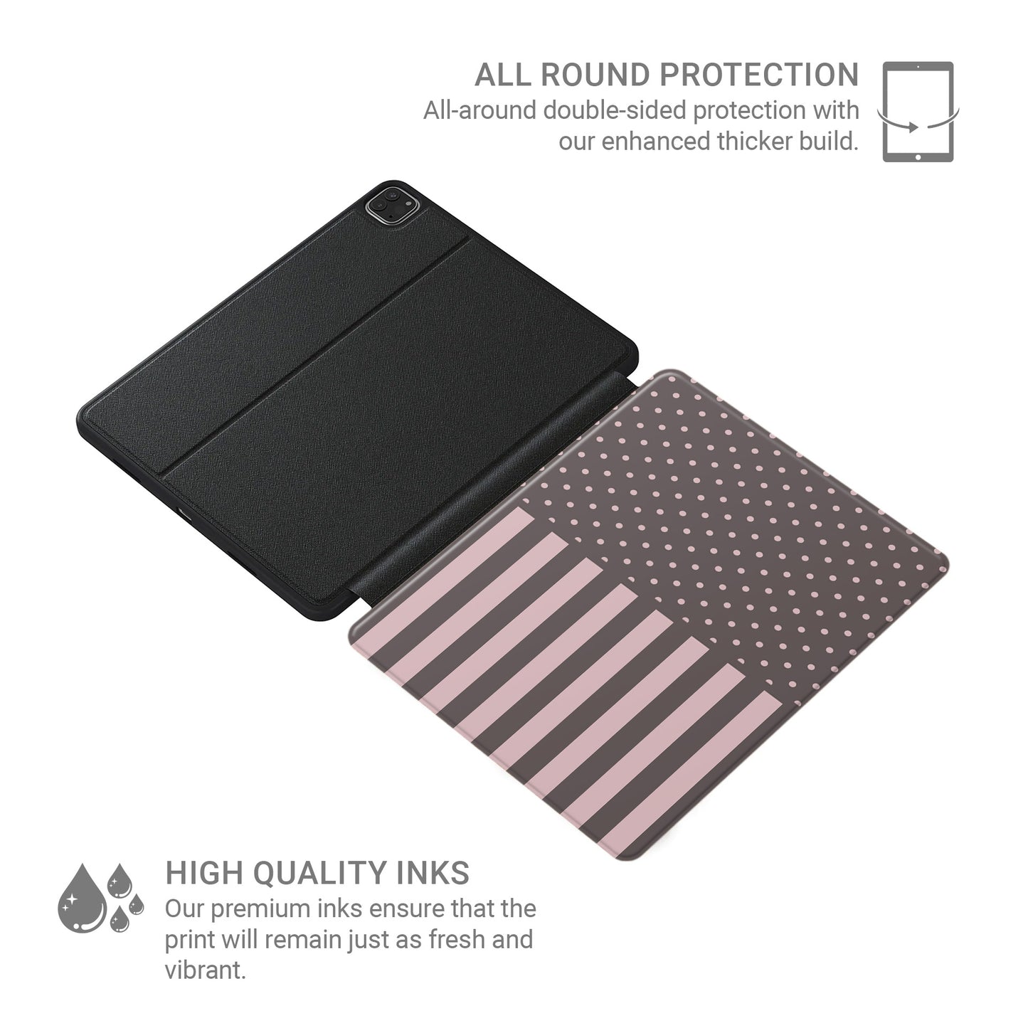 Strawberry Wafer iPad Folio Case featuring fine strawberry-pink polka dots above bold vertical strawberry-pink stripes on a cocoa-brown background.