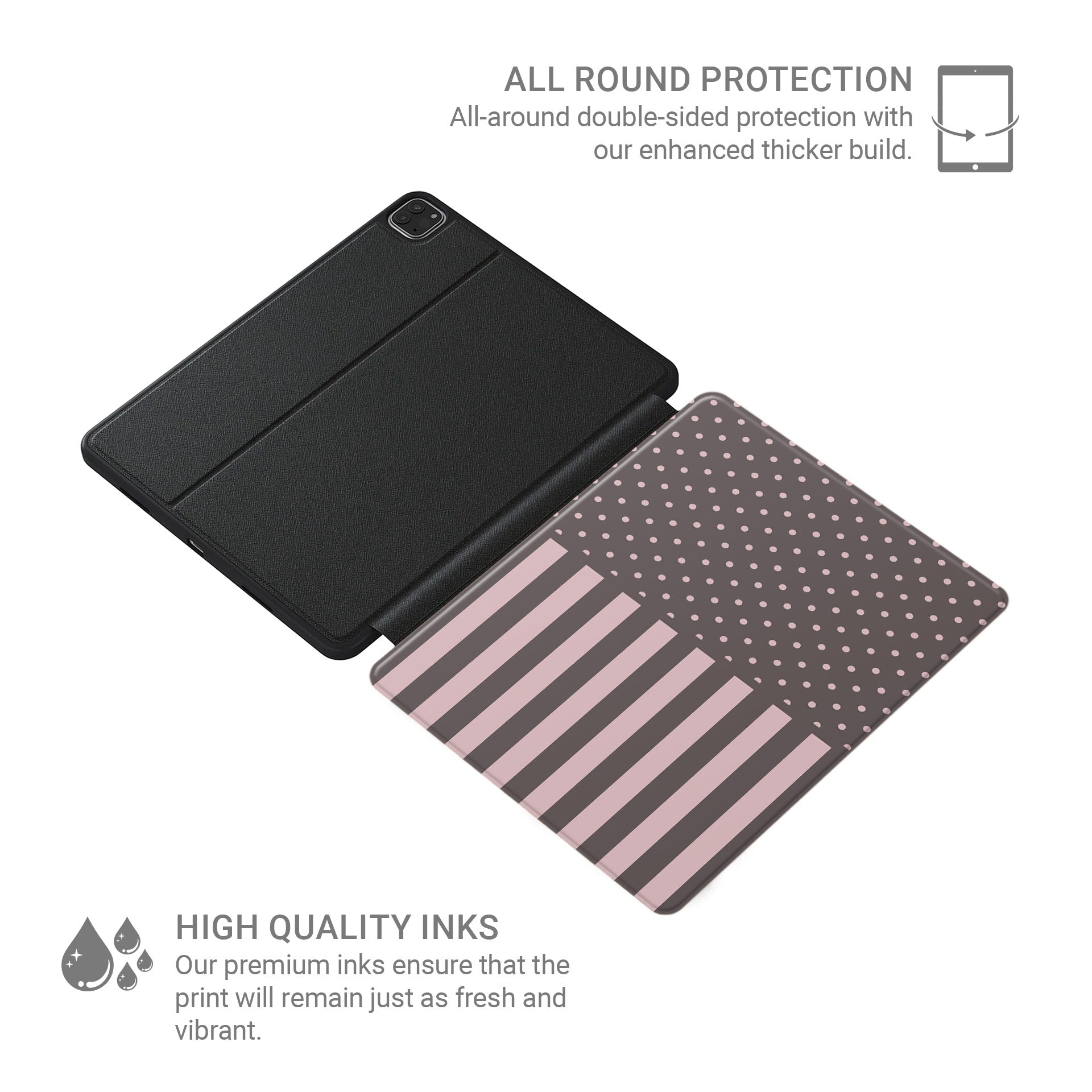 Strawberry Wafer iPad Folio Case featuring fine strawberry-pink polka dots above bold vertical strawberry-pink stripes on a cocoa-brown background.