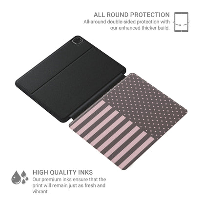 Strawberry Wafer iPad Folio Case featuring fine strawberry-pink polka dots above bold vertical strawberry-pink stripes on a cocoa-brown background.