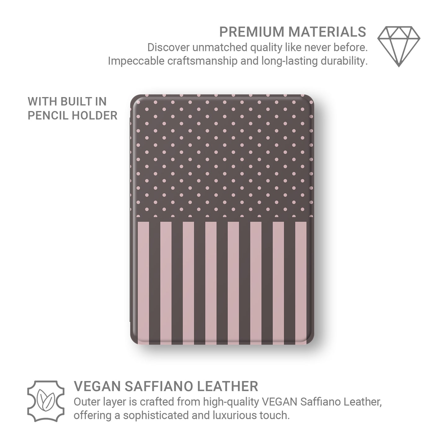 Strawberry Wafer iPad Folio Case featuring fine strawberry-pink polka dots above bold vertical strawberry-pink stripes on a cocoa-brown background.