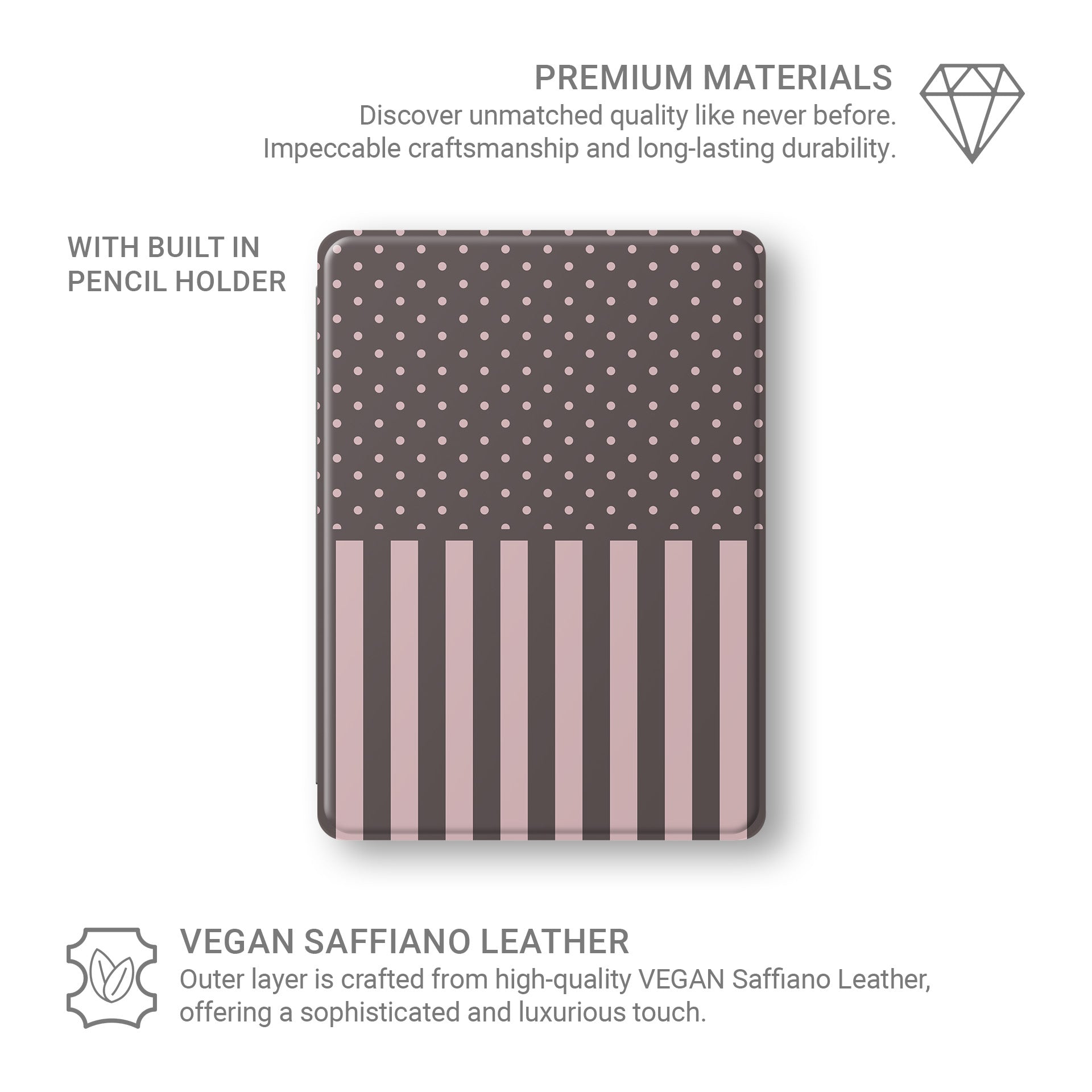 Strawberry Wafer iPad Folio Case featuring fine strawberry-pink polka dots above bold vertical strawberry-pink stripes on a cocoa-brown background.