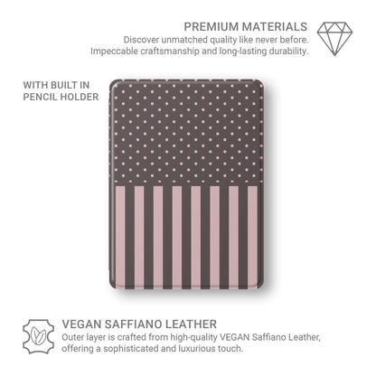 Strawberry Wafer iPad Folio Case featuring fine strawberry-pink polka dots above bold vertical strawberry-pink stripes on a cocoa-brown background.