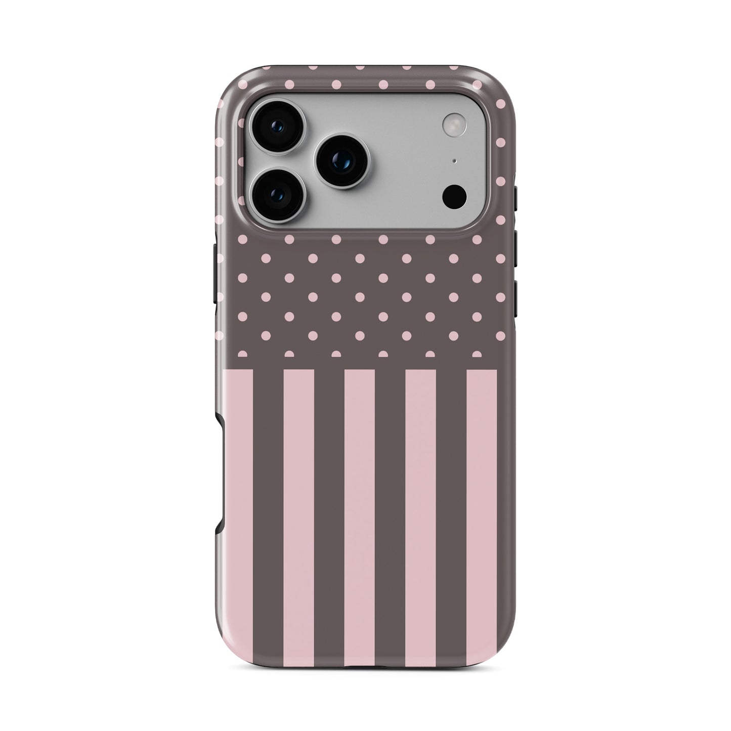 Strawberry Wafer MagSafe Tough Case featuring fine strawberry-pink polka dots above bold vertical strawberry-pink stripes on a cocoa-brown background.