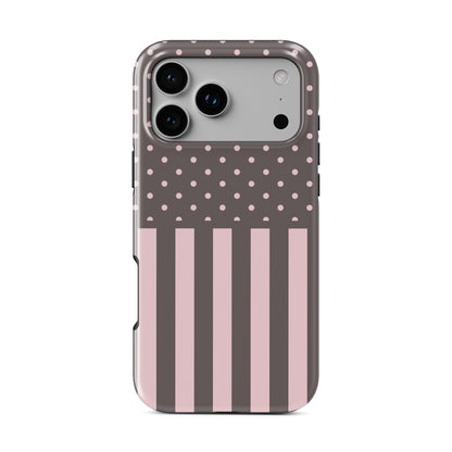 Strawberry Wafer MagSafe Tough Case featuring fine strawberry-pink polka dots above bold vertical strawberry-pink stripes on a cocoa-brown background.
