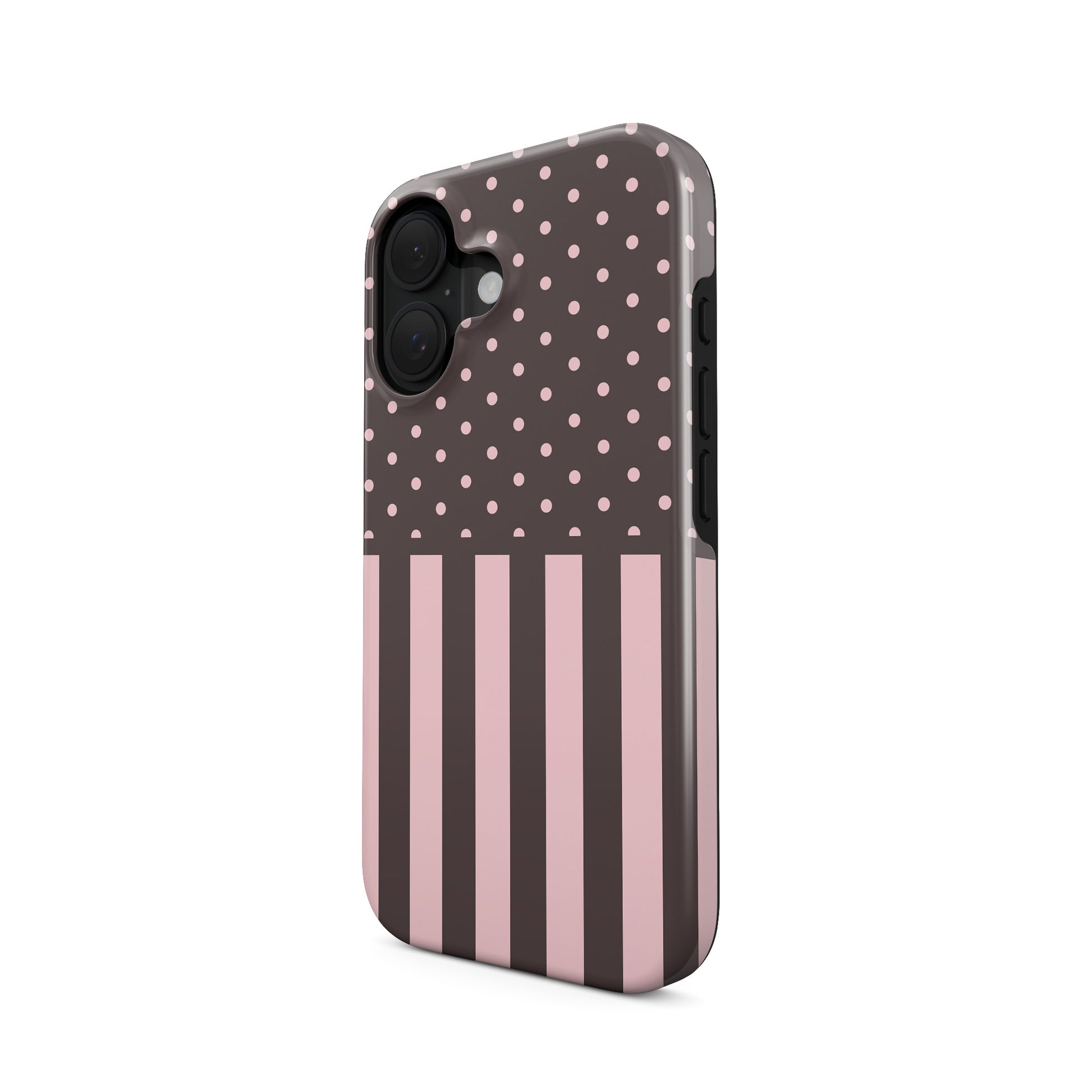 Strawberry Wafer MagSafe Tough Case featuring fine strawberry-pink polka dots above bold vertical strawberry-pink stripes on a cocoa-brown background.