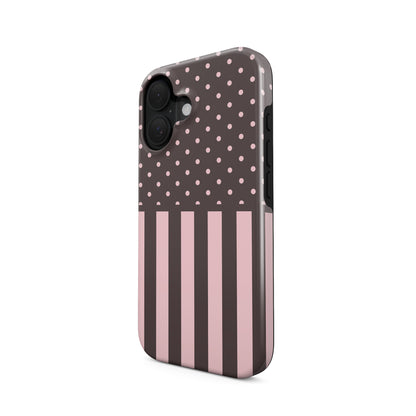 Strawberry Wafer MagSafe Tough Case featuring fine strawberry-pink polka dots above bold vertical strawberry-pink stripes on a cocoa-brown background.