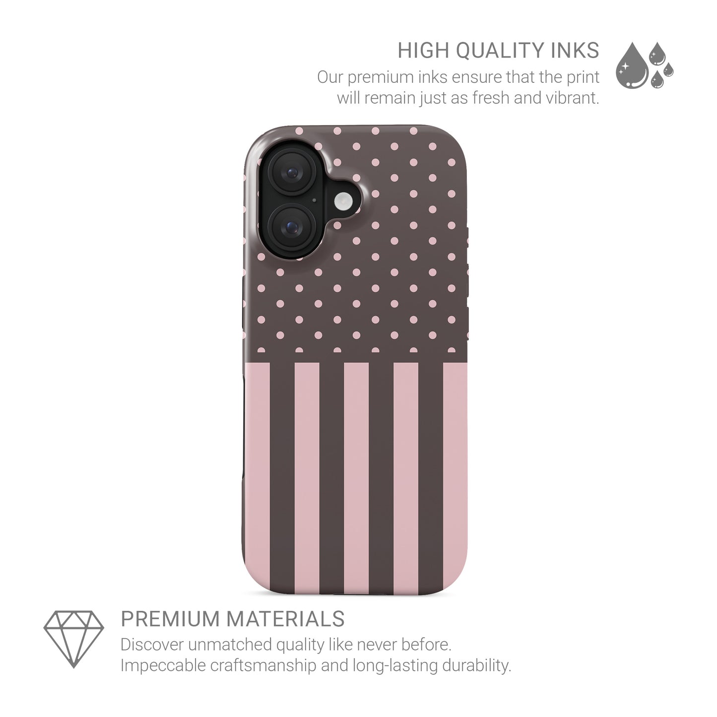 Strawberry Wafer MagSafe Tough Case featuring fine strawberry-pink polka dots above bold vertical strawberry-pink stripes on a cocoa-brown background.