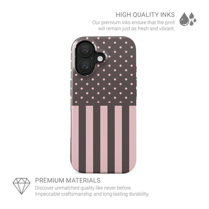 Strawberry Wafer MagSafe Tough Case featuring fine strawberry-pink polka dots above bold vertical strawberry-pink stripes on a cocoa-brown background.