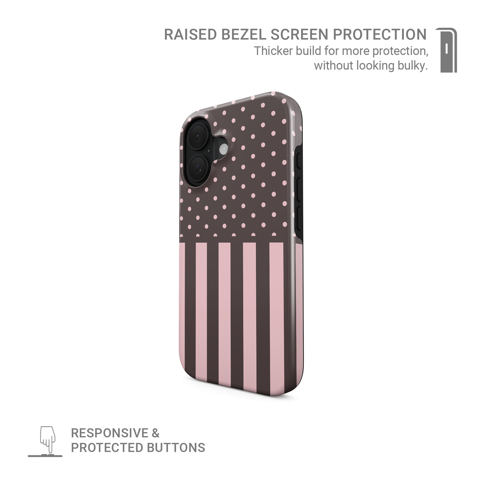 Strawberry Wafer MagSafe Tough Case featuring fine strawberry-pink polka dots above bold vertical strawberry-pink stripes on a cocoa-brown background.