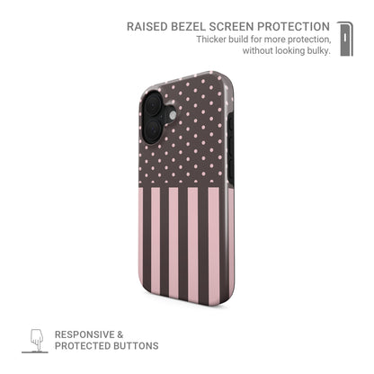Strawberry Wafer MagSafe Tough Case featuring fine strawberry-pink polka dots above bold vertical strawberry-pink stripes on a cocoa-brown background.
