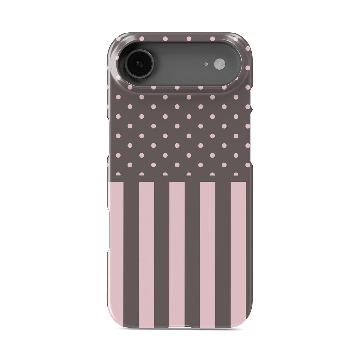 Strawberry Wafer Snap Phone Case featuring fine strawberry-pink polka dots above bold vertical strawberry-pink stripes on a cocoa-brown background.