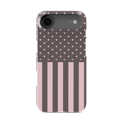 Strawberry Wafer Snap Phone Case featuring fine strawberry-pink polka dots above bold vertical strawberry-pink stripes on a cocoa-brown background.
