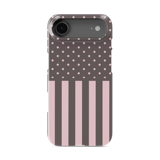 Strawberry Wafer Snap Phone Case featuring fine strawberry-pink polka dots above bold vertical strawberry-pink stripes on a cocoa-brown background.