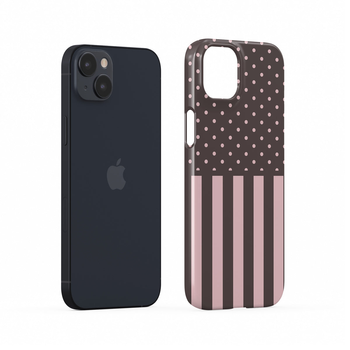 Strawberry Wafer Snap Phone Case featuring fine strawberry-pink polka dots above bold vertical strawberry-pink stripes on a cocoa-brown background.
