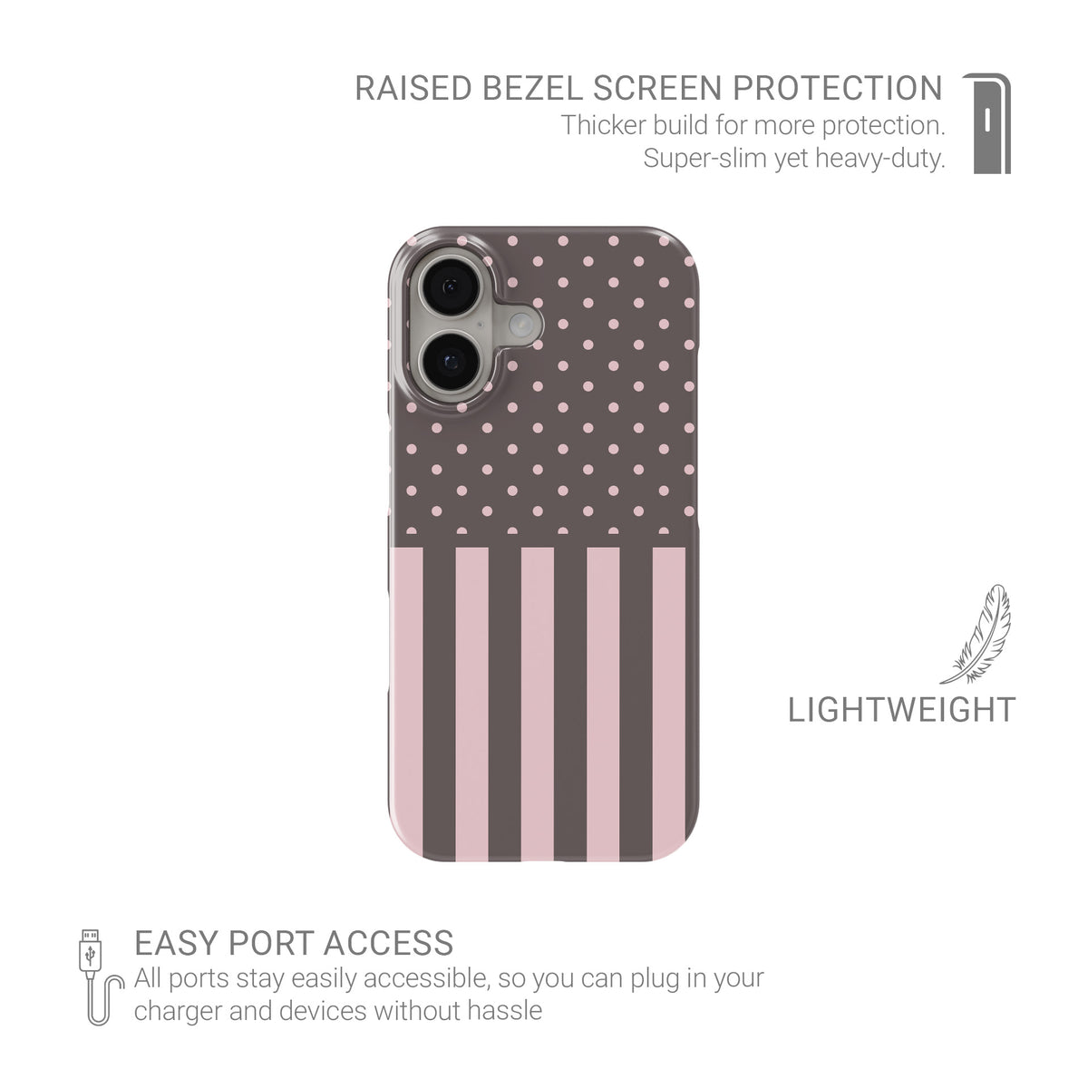 Strawberry Wafer Snap Phone Case featuring fine strawberry-pink polka dots above bold vertical strawberry-pink stripes on a cocoa-brown background.