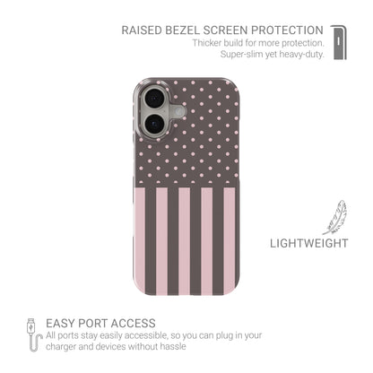 Strawberry Wafer Snap Phone Case featuring fine strawberry-pink polka dots above bold vertical strawberry-pink stripes on a cocoa-brown background.