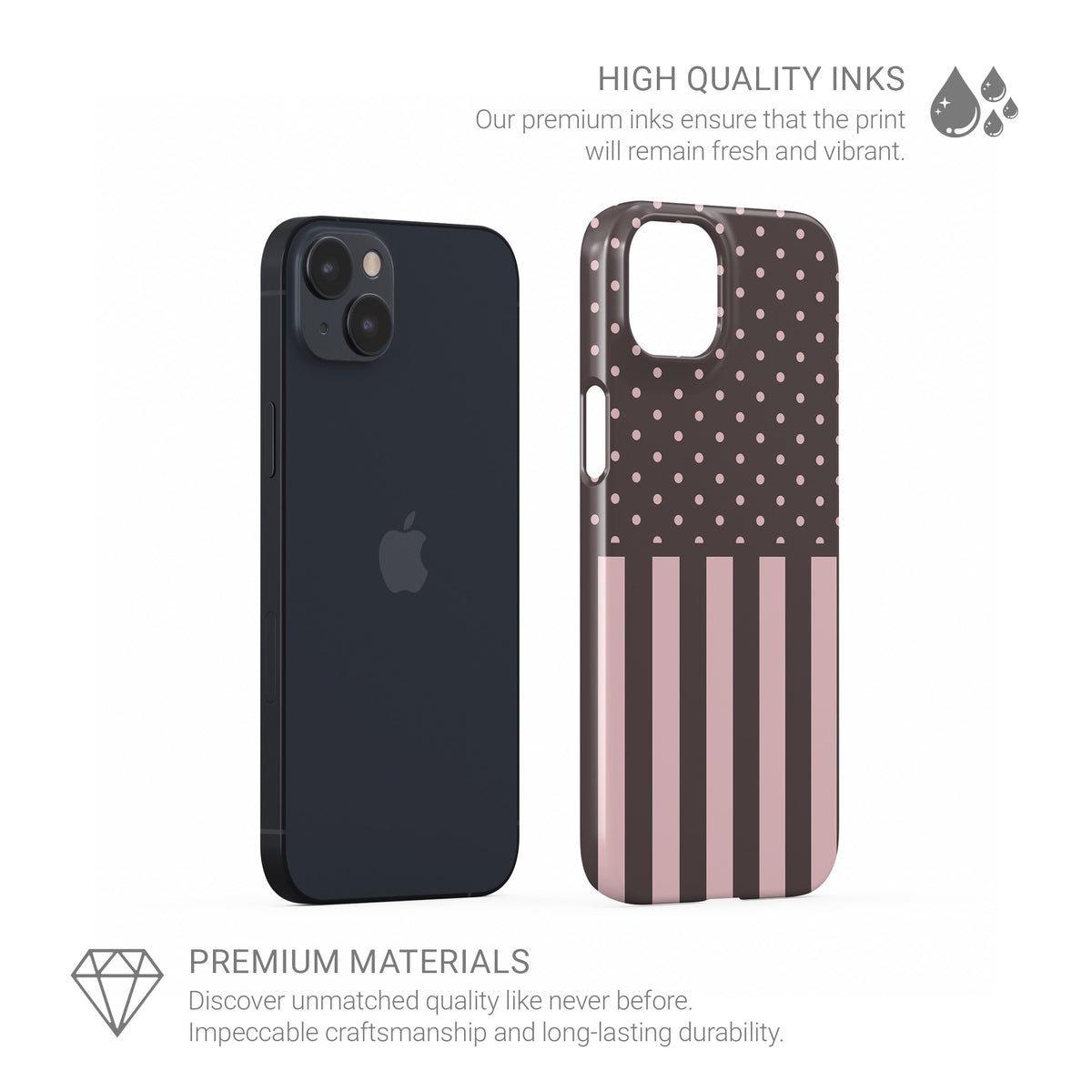 Strawberry Wafer Snap Phone Case featuring fine strawberry-pink polka dots above bold vertical strawberry-pink stripes on a cocoa-brown background.