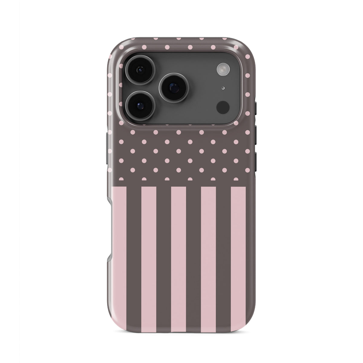 Strawberry Wafer Tough Phone Case featuring fine strawberry-pink polka dots above bold vertical strawberry-pink stripes on a cocoa-brown background.