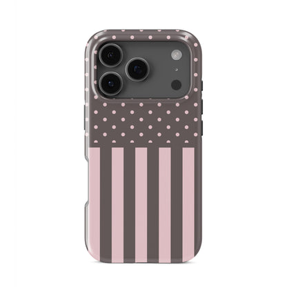 Strawberry Wafer Tough Phone Case featuring fine strawberry-pink polka dots above bold vertical strawberry-pink stripes on a cocoa-brown background.