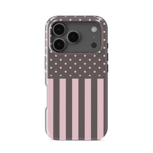 Strawberry Wafer Tough Phone Case featuring fine strawberry-pink polka dots above bold vertical strawberry-pink stripes on a cocoa-brown background.
